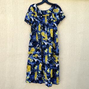 Vintage 1970s Mumu Dress Blue Gold Barkcloth Asian L XL